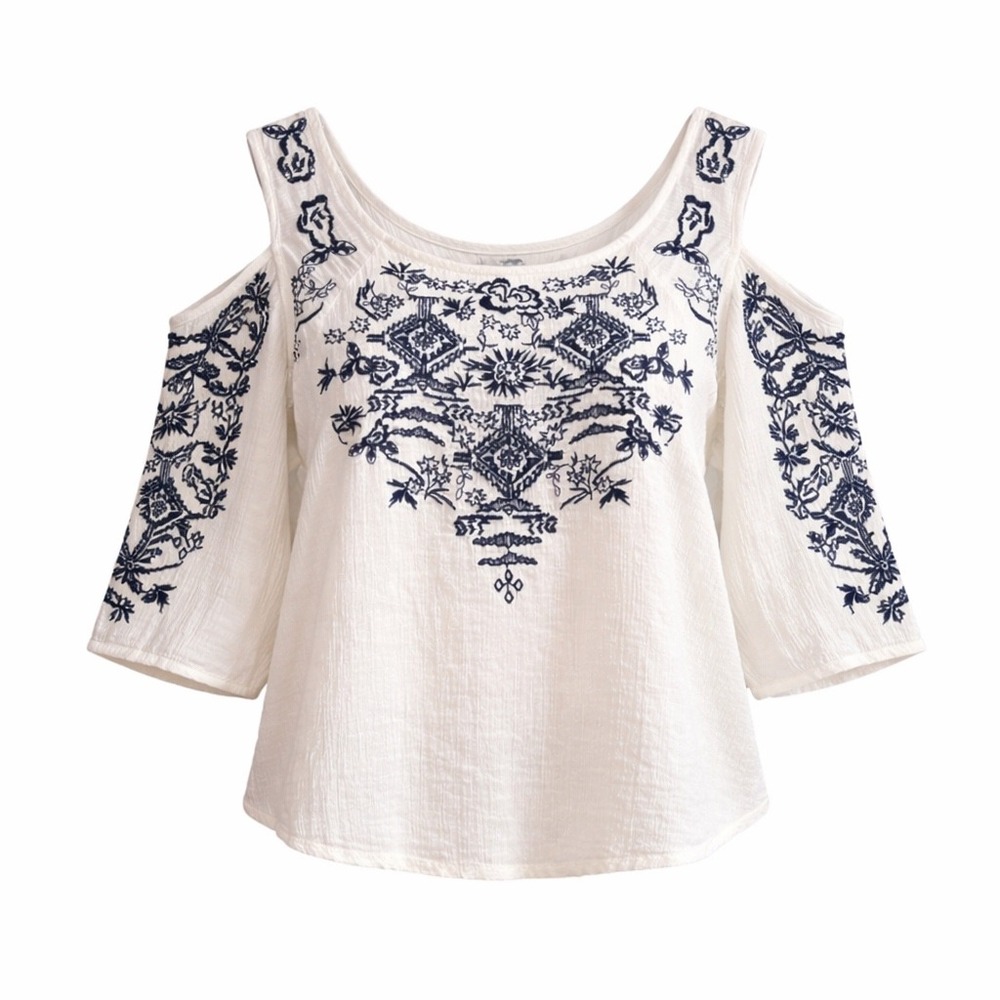 HM Coachella Embroidered Cold Shoulder‎ Top Boho Blouse womens 2 hippie indie
